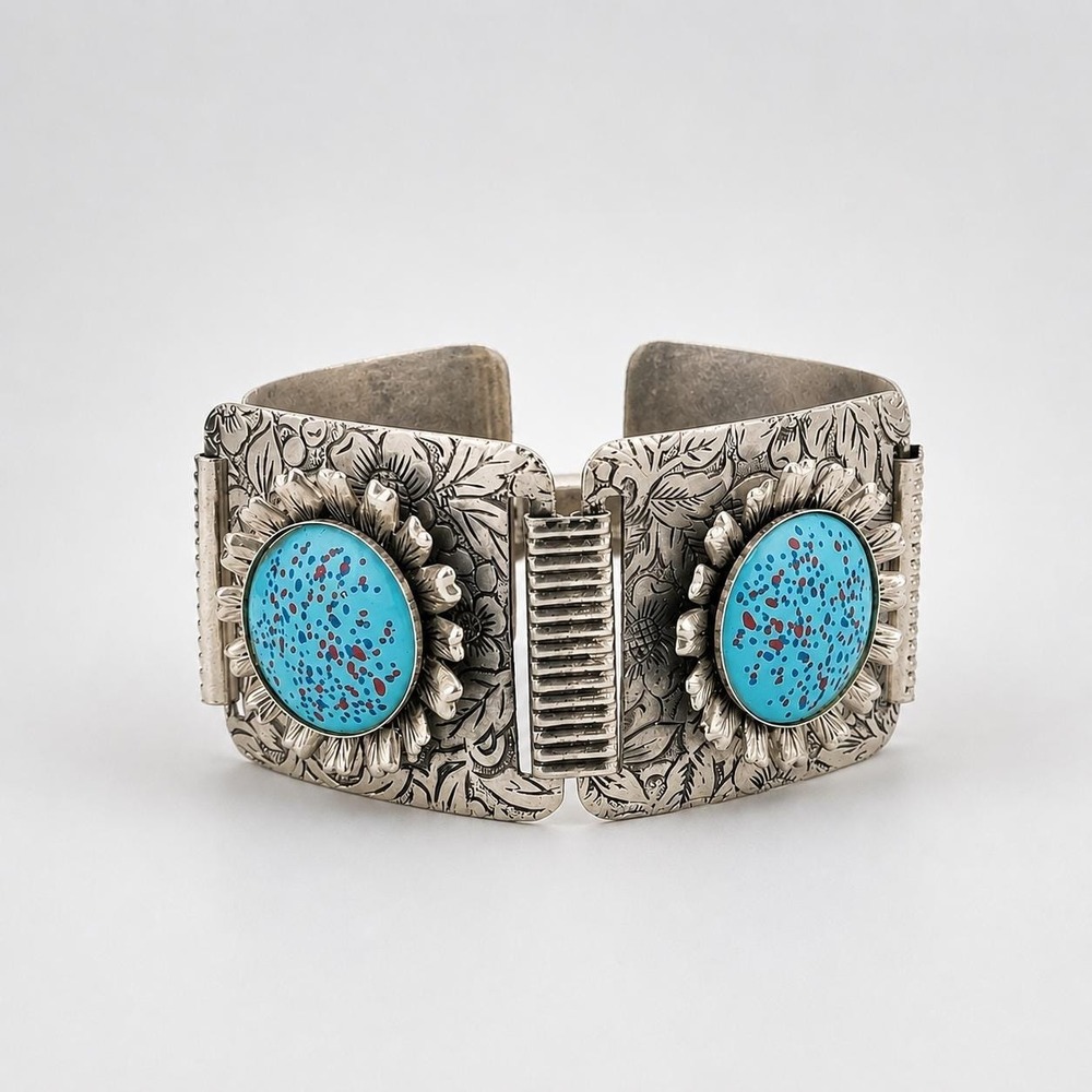 Vintage Ornate Silver Tone Blue Confetti Enamel Flower Panel Link Wide Bracelet